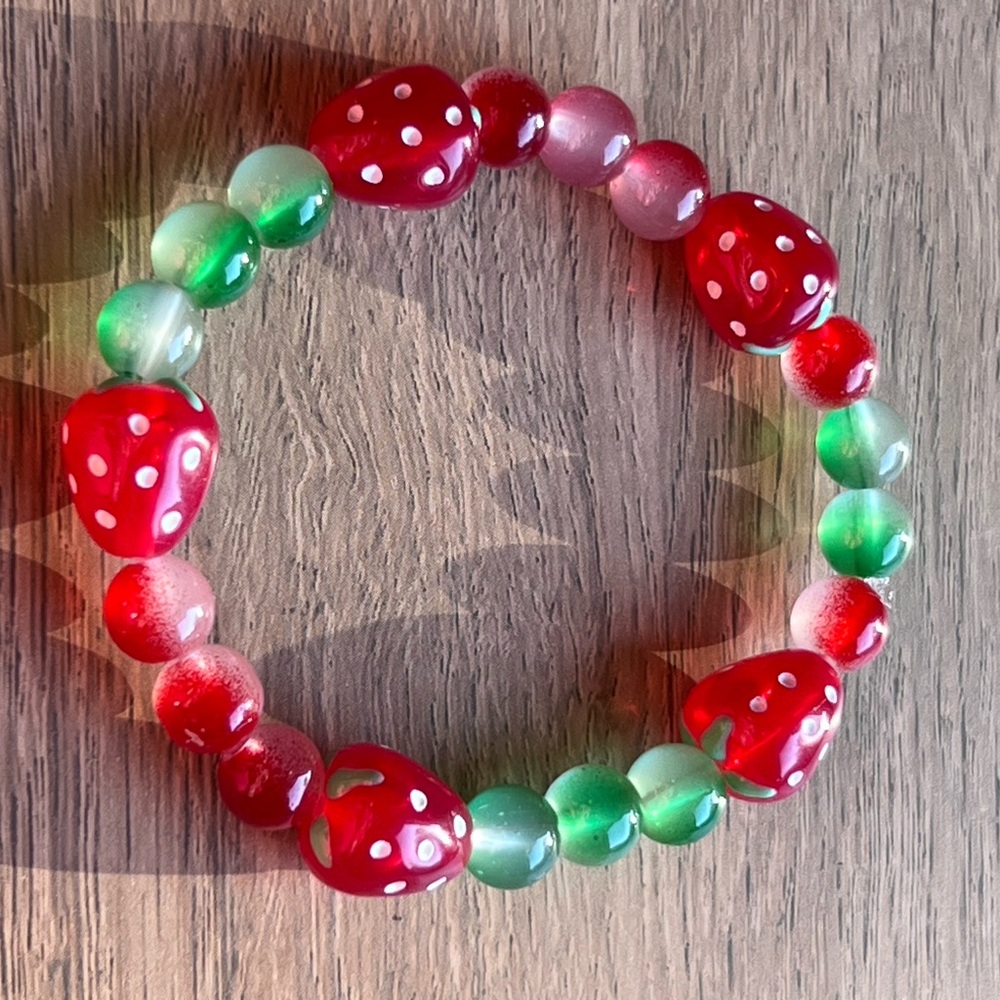 Handmade Cute Red & Green Beaded Bracelet with Strawberry Charms, Size 7”
